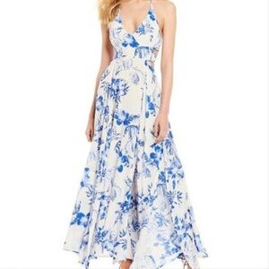 Free People Lille Printed Tie-Back Maxi Dress Floral Blue And White Size Small